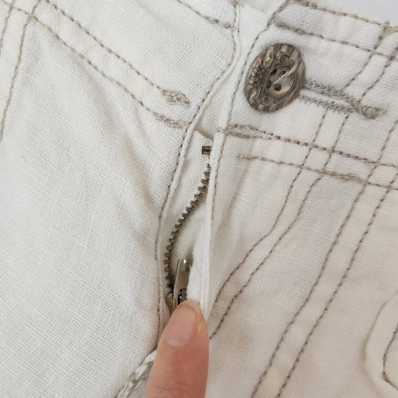 Monoreno Linen Distressed Button Accent Shorts Tie-Hem White Zip Pocket - Picture 8 of 11